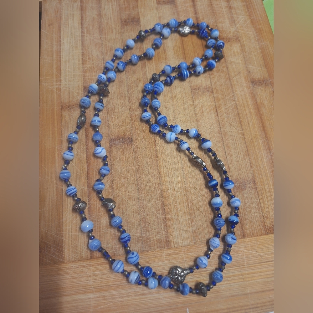 Blue Beaded Lengthy Marble Style Bead Necklace Glass Endless White Coastal